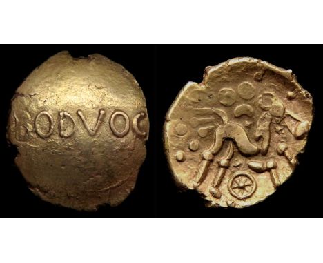 Dobunni Bodvoc Stater Circa, 20 BC-10 AD. Gold, 20mm, 5.58g. BODVOC across plain field. R. Triple-tailed horse right, wheel b