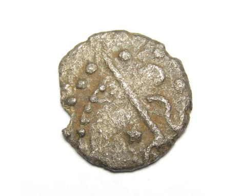 Dobunni Anted Silver Unit Circa, 20 AD. Silver, 0.92 g, 14.20 mm. Head right, pellet in ring for eye, cross and pellet in rin