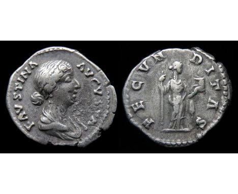 Faustina Denarius Rome, AD 161-75. Silver, 3.10 g, 19.41 mm. Draped bust right, FAVSTINA AVGVSTA. R. FECVNDITAS, Fecunditas s