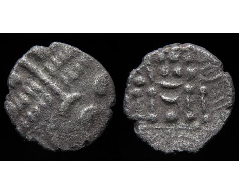 Durotriges Cranborne Chase Stater Circa, 50-20 BC. Billon, 3.25 g, 18.27 mm. Wreath, cloak and crescents. R. Disjointed horse
