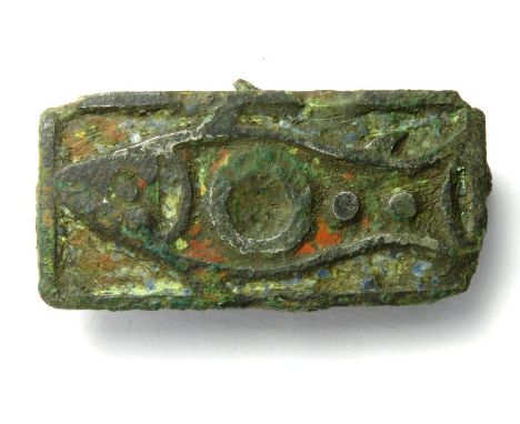 Roman Plate Brooch. Circa 2nd century AD. Copper-alloy,  5.73 g, 32.29 mm. A rectangular brooch depicting a stylised fish. Th