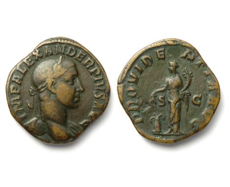 Severus Alexander Sestertius.  Rome, AD 232. Brass, 29mm, 19.3g. Laureate bust right, IMP ALEXANDER PIVS AVG. R. PROVIDENTIA 