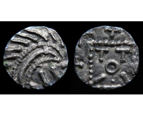 Series E Sceatta. Continental issue, circa, 694-740 AD. Silver, 11mm, 0.95g. Degenerate head right. R. Beaded standard enclos