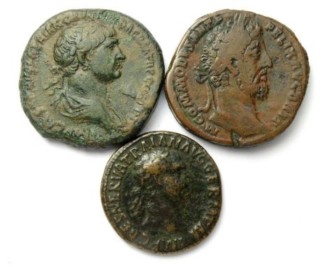 Group of Roman Sestertius and As of Trajan (33mm, 20.6g & 27mm, 10.5g) and a sestertius of Commodus.(31mm, 26.2g).