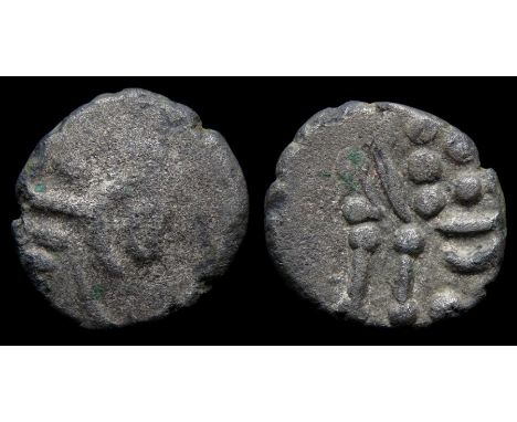 Durotriges Stater Circa, 50-20 BC. Billon, 3.43 g, 17.13 mm. Traces of wreath cloak and crescents. R. Disjointed horse left, 