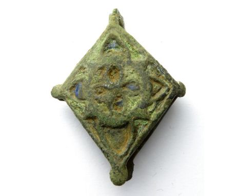Roman Seal Box  Circa, 1st -2nd century AD. Copper-alloy, 13.31 g, 42.92 mm. A complete lozenge-shaped seal box decorated wit