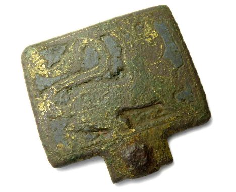 Medieval Enamel Mount. Circa 13th century. Copper-alloy, 24.36 g, 38.24 mm. A rectangular panel depicting a crowned lion with