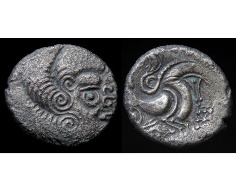 Armorican Ogmios & Boar Stater Circa, 56 BC. Silver, 5.36 g, 19.21 mm. Head right with anchor nose. R. Bird headed horse righ