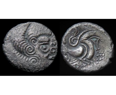 Armorican Ogmios & Boar Stater Circa, 56 BC. Silver, 5.36 g, 19.21 mm. Head right with anchor nose. R. Bird headed horse righ