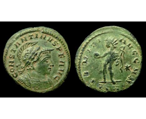 Constantine I Follis London, AD 310. Billon, 3.71 g, 22.86 mm. Helmeted bust right, CONSTNTINVS P F AVG. R. COMITI AVGG NN, S