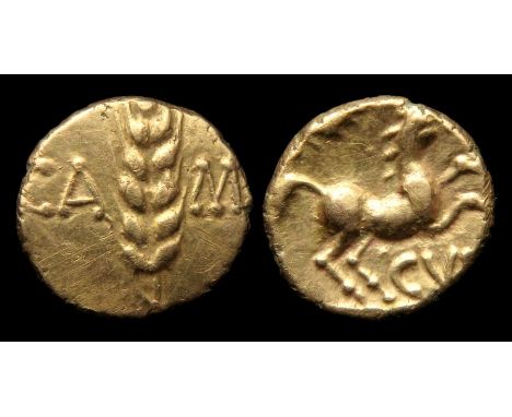 Cunobelin Plastic Quarter Stater.  Circa, 10-40 AD. Gold, 1.37 g, 11.23 mm. Corn ear dividing, CA MV. R. Horse rearing right,
