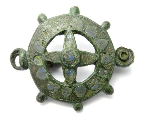 Roman Disc Brooch.  Circa, 2nd century AD. Copper-alloy, 44mm, 14.0g. An open-work brooch decorated with cells of blue enamel