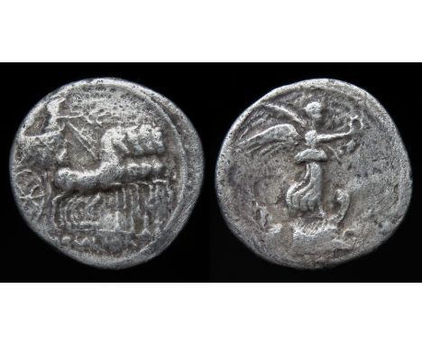 Octavian Denarius. Circa, 30 BC. Silver, 3.17 g, 19.33 mm. Victory standing right on prow of galley holding wreath and palm. 