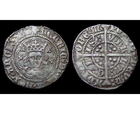 Henry VI Halfgroat.  Annulet issue, 1422-30. Silver, 1.96 g, 21.46 mm. Crowned facing bust, annulets at neck. R. Cross with p