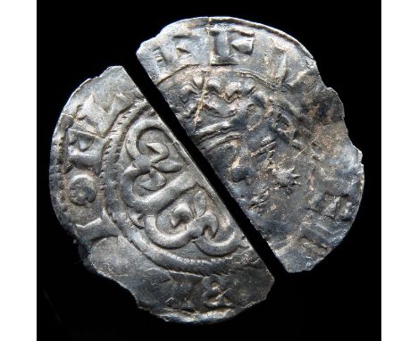 Stephen Flag Type Cut Halfpenny Circa, 1140 AD. Silver, 0.51 g, 19 mm. Crowned bust right, lance with pennant in front, star 