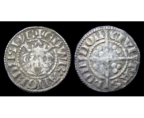 Edward I Penny.  Circa, 1279 AD. Silver, 1.41 g, 19.05 mm. Crowned facing bust, +EDW R ANGL DNS HYB. R. Cross with pellets in