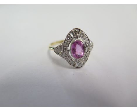 An 18ct yellow gold aft deco style pink sapphire and diamond ring - head size approx 17mm x 16mm - ring size N - in good cond