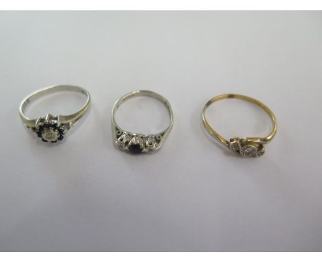 Two 9ct white gold rings approx weight 3.9 grams - both with bending - and a gold ring size R - tests to approx 18ct - approx