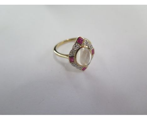 A 9ct yellow gold art deco style ruby, moonstone and diamond ring - head size approx 18mm x 13mm - ring size M - in good cond