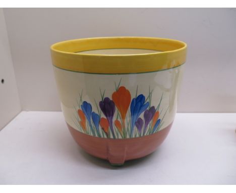 A Clarice Cliff Bizarre Crocus pattern jardiniere - Height 20cm - some minor paint loss and crazing but generally good 