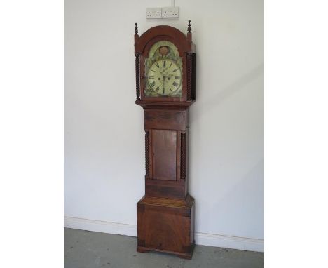 A mahogany 8 day striking longcase clock with a painted 13" moon roller dial signed N Gan Swansea - some losses to case , tic