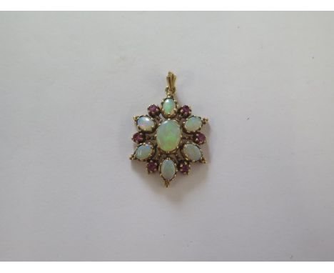 A 9ct yellow gold opal and amethyst cluster pendant - 3.5cm tall - approx weight 2.5 grams - good condition 