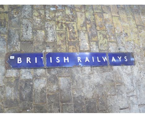 British Railways blue enamel railway station header board sign (long) - some chipping and fading - 15cm x 129cm