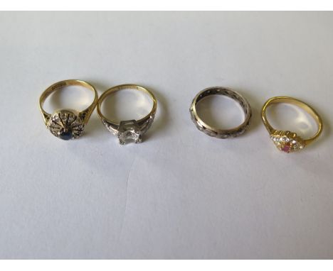 Two 18ct gold rings sizes K/L - approx weight 6.8 grams - and two dress rings - all generally good 