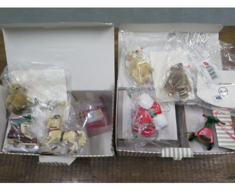 Three miniature Steiff Christmas bears with carousel, trike, helicopter - all bears sealed 