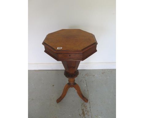 A Victorian burr walnut trumpet workbox on a tripod base - in need of some restoration - Height 77cm x Width 42cm 