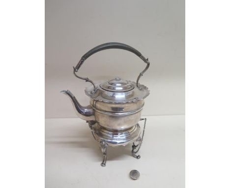 A silver spirit kettle with silver burner Birmingham 1904/05 - knop loose to top otherwise reasonably good, some bending main