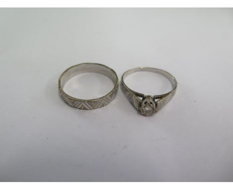 A 9ct white gold band ring and a matching 9ct solitaire ring size R - total weight approx 5.3 grams 