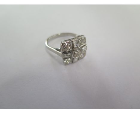 A platinum and diamond art deco style ring - approx 1.5ct of diamonds - head size approx 15mm x 13mm - ring size M/N - in goo