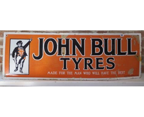 An enamel John Bull Tyres Garage/Motoring sign Leicester Rubber Co Ltd - 41cm x 122cm - some overall chipping and touching in