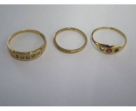 Two 18ct yellow gold rings - one missing stone, sizes S/T - total weight approx 3.8 grams - some wear to both and a 9ct band 