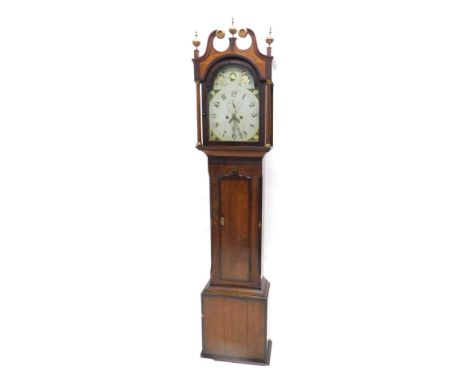 A 19thC longcase clock, the arched painted dial decorated with shells, flowers, etc., with an eight day movement in oak, maho