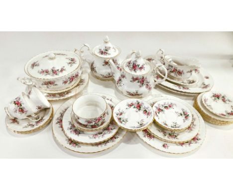 A Royal Albert Lavender Rose pattern part dinner and tea service, to include lidded tureen, 33cm wide, a pair of oval meat pl