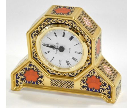 A Royal Crown Derby Old Imari pattern desk clock, No 1128, printed marks beneath, 9cm high. (boxed)