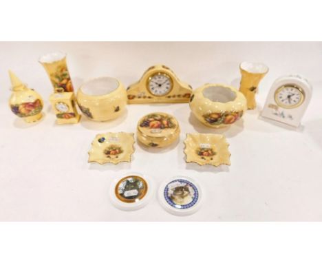 Various Aynsley, Orchard Gold items, vase, carriage clock, 20cm high,  mantel clock, lidded jar, various other items, etc.  (
