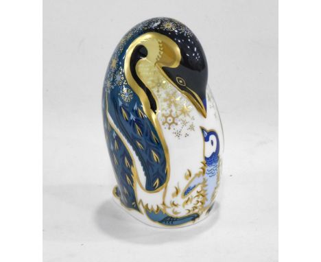 A Royal Crown Derby porcelain Penguin and Chick paperweight, printed mark in red to underside and 21st Anniversary gold butto