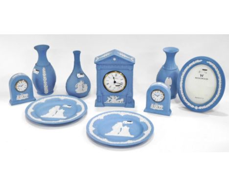 Various Wedgwood Blue Jasperware, to include domed top clock, 9cm high, oval photograph frame, various other items, vase, ano