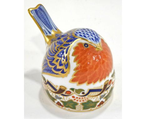 A Royal Crown Derby porcelain Nesting Robin paperweight, printed marks in red and silver button, 7cm high.  (boxed)