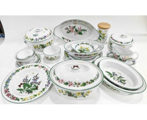 A Royal Worcester Herbs Pattern part dinner service, to include lidded casserole dish, 29cm wide, lidded souffle dishes, open