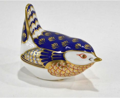 A Royal Crown Derby porcelain Wren paperweight, gold button to underside, 9cm wide.  (boxed)