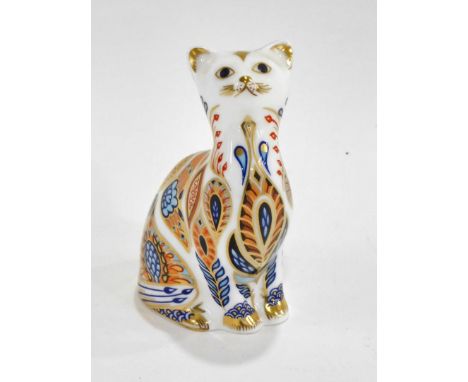 A Royal Crown Derby porcelain Siamese Kitten paperweight, gold button to underside, 9cm high. (boxed)