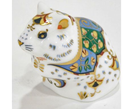 A Royal Crown Derby porcelain Hamster paperweight, printed mark in red to underside, gold button, 6cm high.  (boxed)