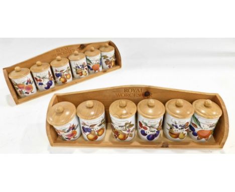 Various Royal Worcester Evesham pattern spice jars, on a spice rack, and another similar, 34cm wide.  (2)