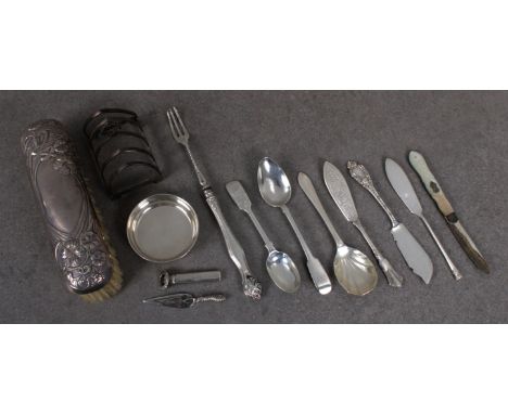 A collection of silver smallscomprising toast rack; M.O.P folding fruit knife; dish; posy holder; cloths brush, various flatw