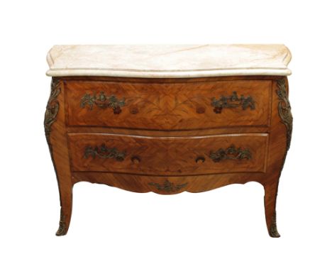 A Louis XVI style marble topped commode Modern, kingwood with marquetry and brass mounts,