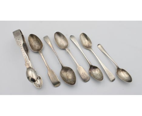 A collection of silver spoons etc - To include a pair of Victorian silver bright cut sugar tongsLondon, maker's mark JA TS, e